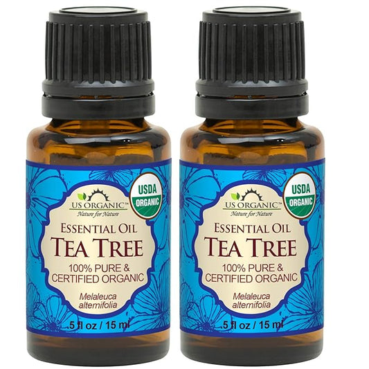 US Organic 100% Pure Tea Tree Essential Oil, Steam Distilled, USDA Certified Organic, for Hair, Skin, Scalp, Foot, Toenails, and More. Sourced from South Africa, Undiluted, Non-GMO (15 ml, 2 Pack)