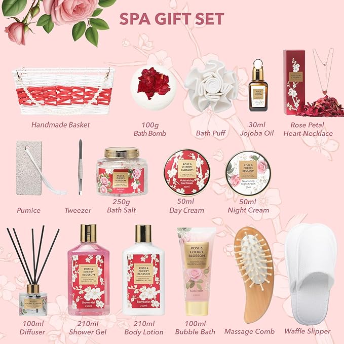 Mothers Day Gifts for Mom Rose & Cherry Blossom Spa Gift Set for Women - 19-Piece Luxury Bath & Body Care Kit with Necklace, DIY Chain, Shower Gel | Valentine's Day, Christmas Gifts for Her, Wife