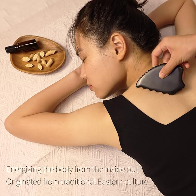 Gua Sha Facial Tools, Natural Bian Stone Gua Sha Jade Massage Tool, Body Gua Sha Stone with Comb, Large GuaSha Set for Traditional Acupuncture Therapy(Pear-Shaped)