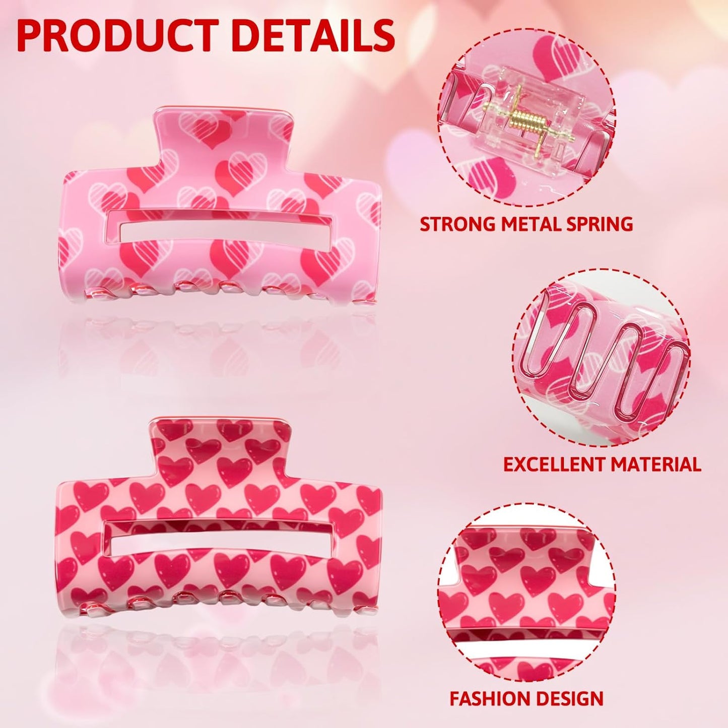 2 PCS Valentine's Day Hair Claw Clips, Large Square Claw Clip for Thick and Thin Hair, Valentine's Day Hair Clip, Love Heart Hair Claw, Cute Hair Accessories for Women Girls