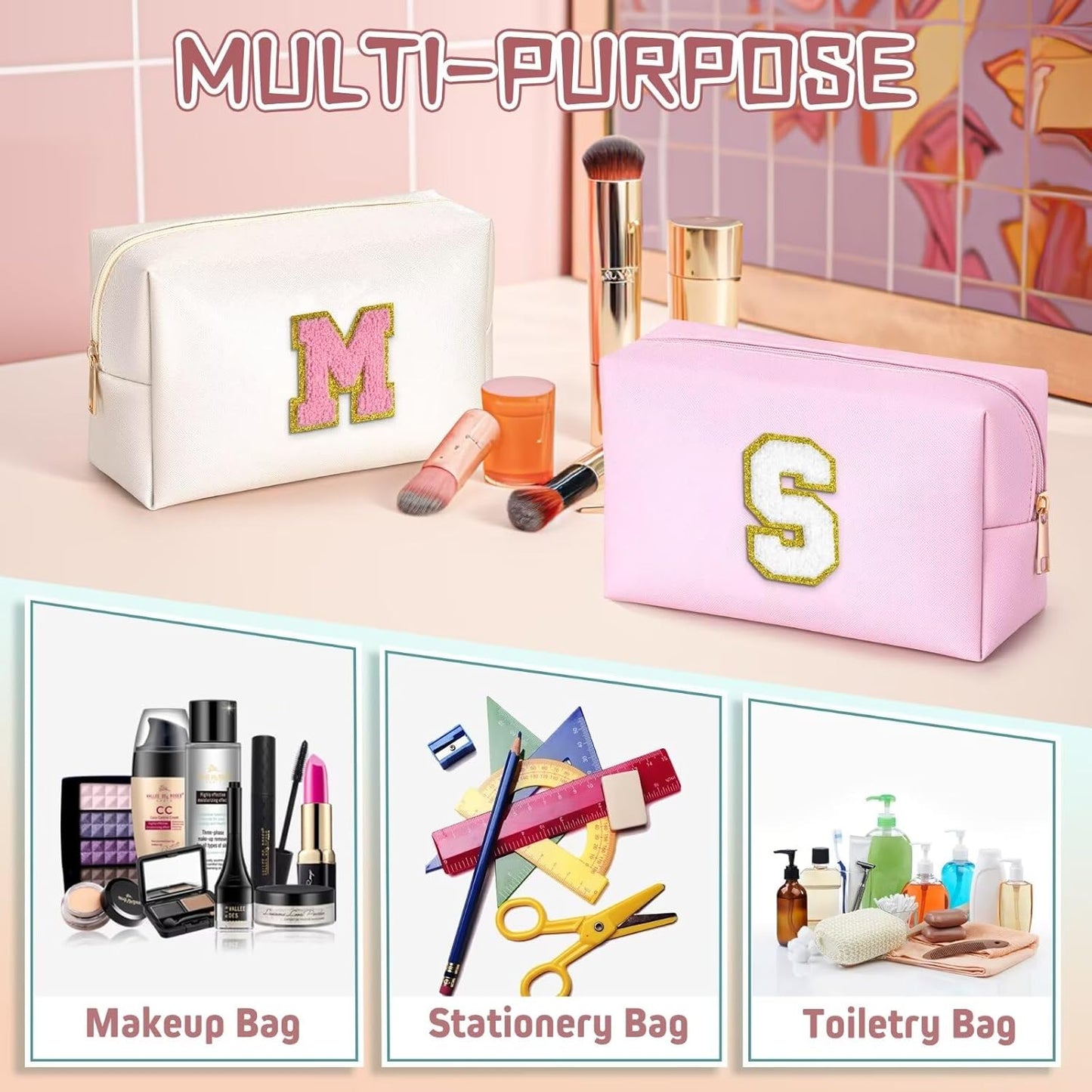 TOPEAST Initial Makeup Bags for Women, Personalized Portable Cosmetic Bag for Travel, Cute Makeup Pouch, PU Leather Waterproof Toiletry Bag, Preppy Things for Girl (Pink V)