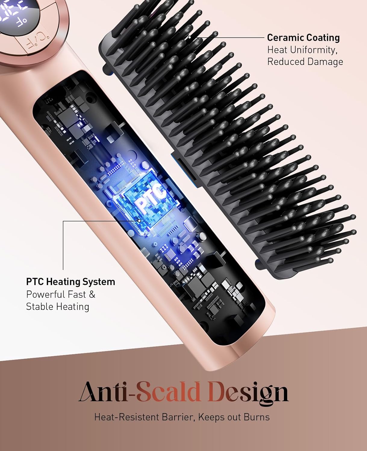 Hair Straightener Brush Portable: Ionic Curling & Straightening Brush with Fast Heating, Reduce Damage & Anti-Scald, Gold
