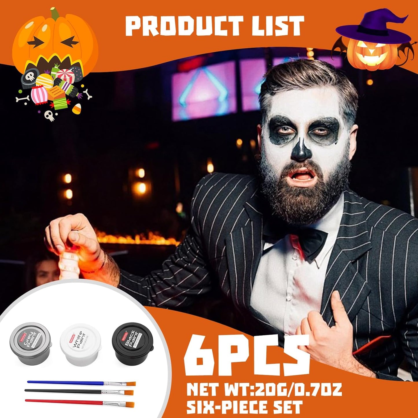 Halloween Makeup Kit, White + Black + Silver Face Painting Kit for Adults 60g(2.1 oz), Body Paint Kit with Brushs for Halloween Makeup, Party, Cosplay, Theater