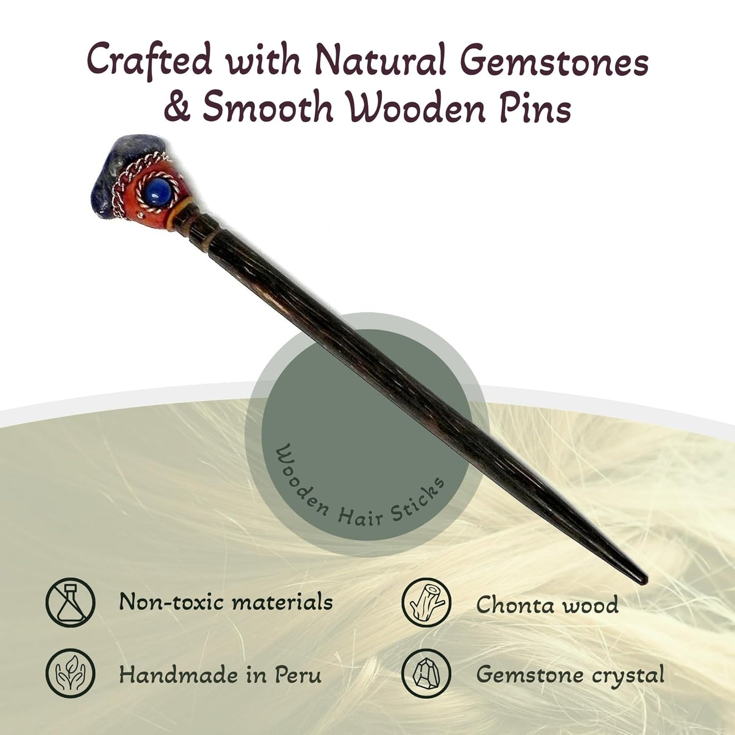 Mia Jewel Shop - Natural Tumbled Healing Gemstone Crystal Chonta Wooden Hair Sticks – Handmade Hair Sticks for Women | Hair Pins Boho Reiki Accessories, Fashion Gifts (Blue Sodalite)