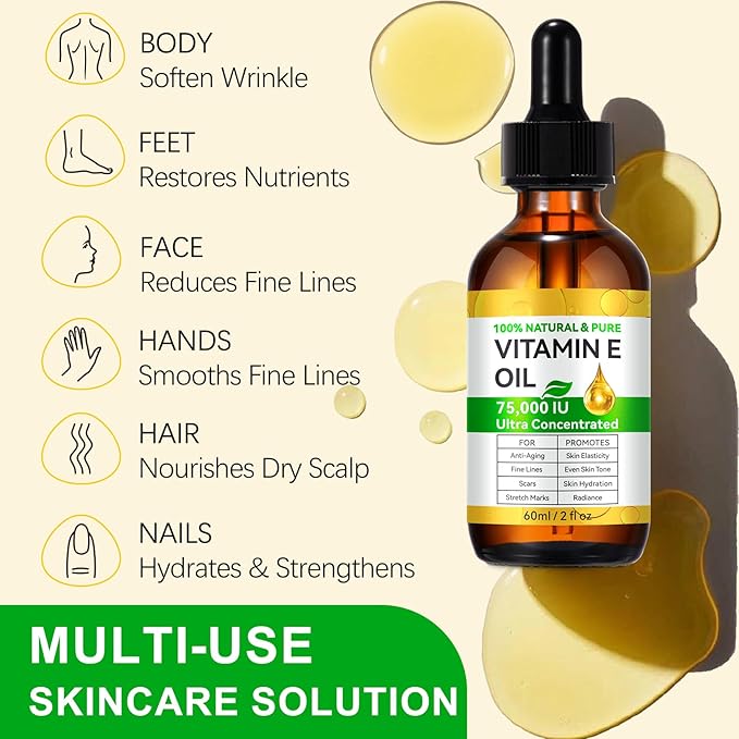 Vitamin E Oil for Scars 2.02 FL OZ- All Natural & Vegan Skin Moisturizer - Light and Unscented Great for Post Surgery Scars - Reduce Wrinkles, Anti Aging - Face, Skin & All Over