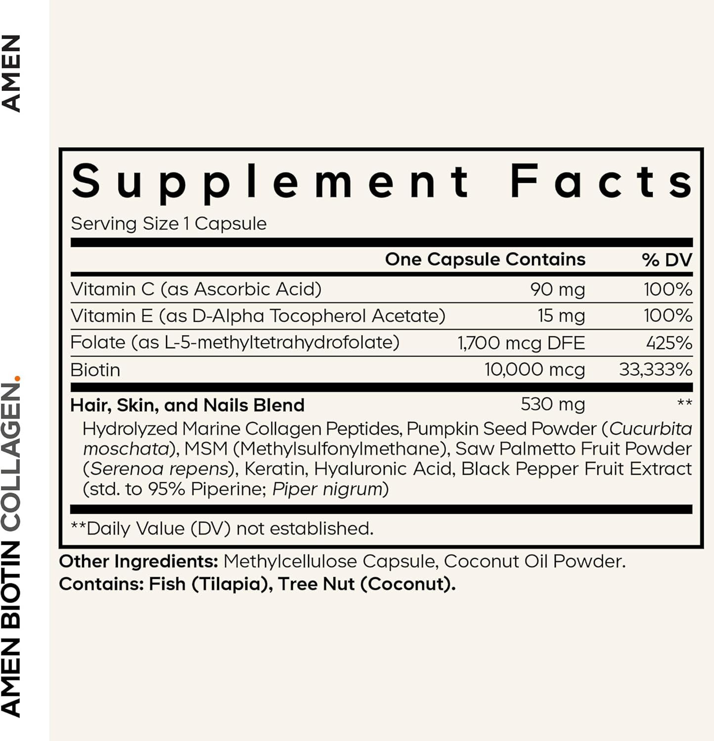 Amen Biotin Collagen Vitamins+ 10,000 mcg Biotin Supplement - Hydrolyzed Collagen, Vitamins C & E, Folate, Hyaluronic Acid, Keratin, MSM, Saw Palmetto - 3-Month Supply - Non-GMO - 90 Capsules