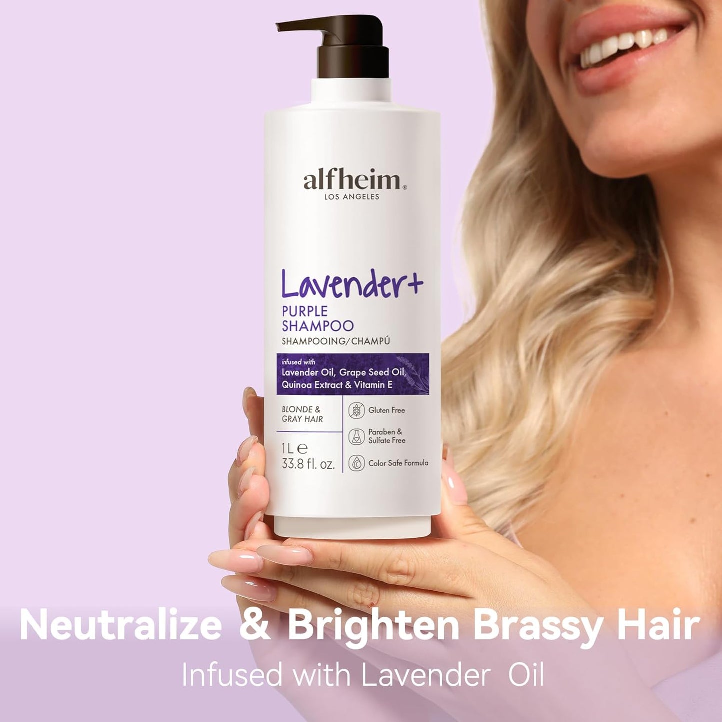 ALFHEIM Lavender+ Purple Shampoo for Blonde, Silver & Color-Treated Hair – Neutralizes Brass & Yellow Tones, Brightens Cool Shades – with Quinoa Extract & Vitamin E – Sulfate Free – 33.8 oz