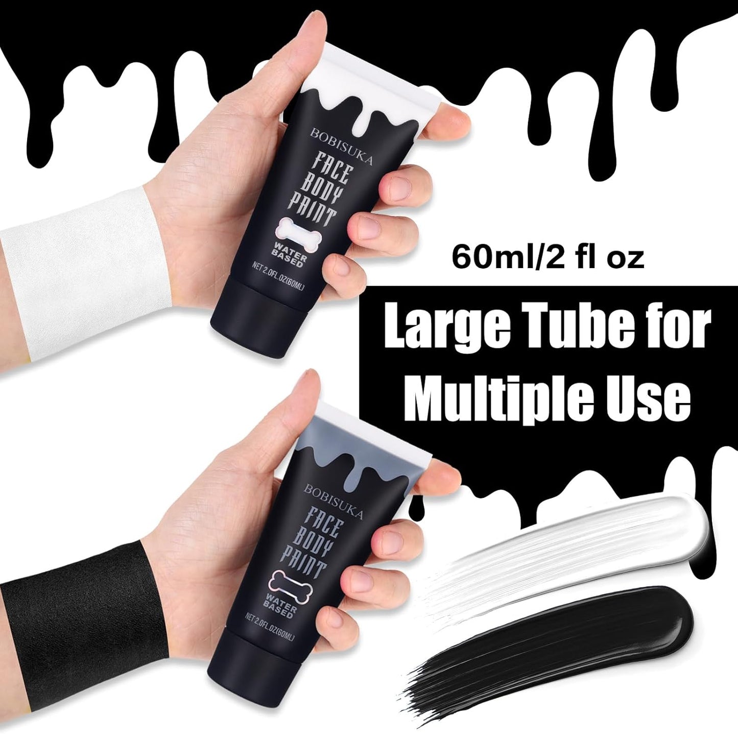 BOBISUKA Black and White Face Body Paint Kit, Water Based Face Painting for Halloween Clown Skeleton Joker Zombie Mime Sugar Skull Makeup for Women Adults, Non-Toxic Washable