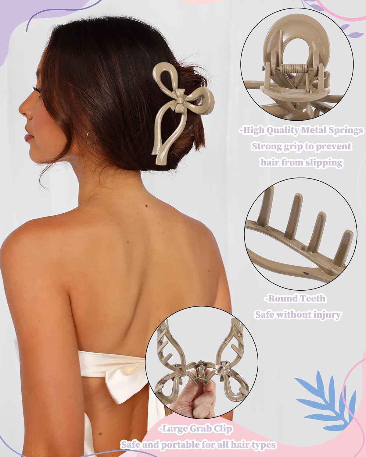 4 PCS Bow Hair Clips Bow Claw Clip for Women Nonslip Large Hair Claw Clips for Thin and Thick Hair Strong Hold Hair Bows (Black+White+Brown+Pink)