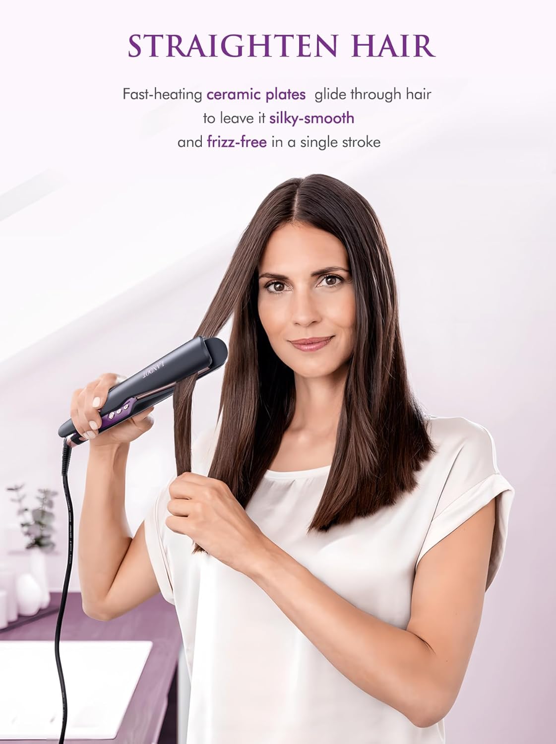 LANDOT 2-in-1 Hair Straightener and Curler - Twist Flat Iron Curling Iron for Smooth Curls & Sleek Straight Salon Results - Dual Voltage Ceramic Straightener Adjustable Temp for All Hair Types
