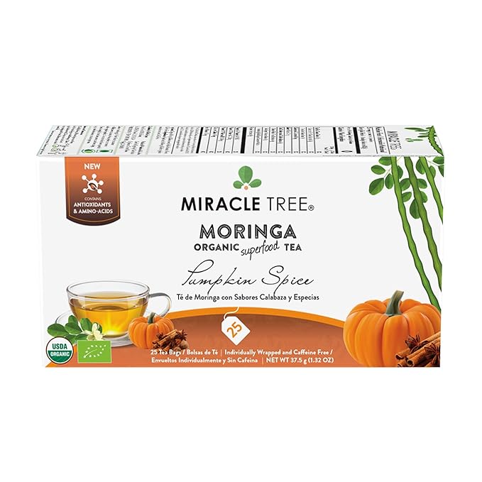 Miracle Tree - 3 Count of Organic Moringa Superfood Tea, 25 Individually Sealed Tea Bags, Pumpkin Spice (Keto, Detox, Energy/Immunity Booster, Vegan, Gluten-Free, Organic, Non-GMO, Caffeine-Free)