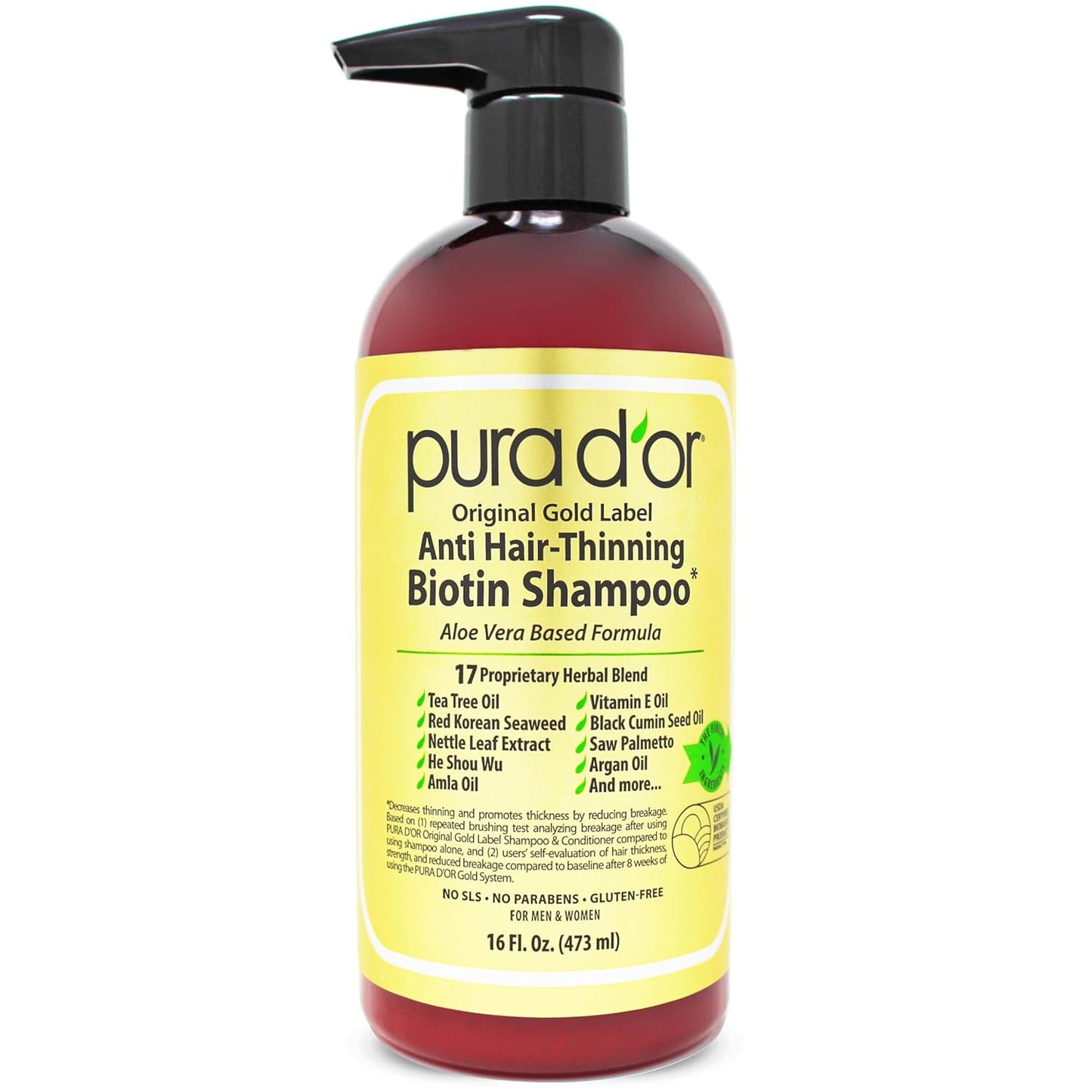 PURA D'OR Original Gold Label Anti-Thinning Shampoo Clinically Tested, Infused with Argan Oil, Biotin & Natural Ingredients, Sulfate Free, All Hair Types, Men and Women, 16 Fl Oz (Packaging may vary)
