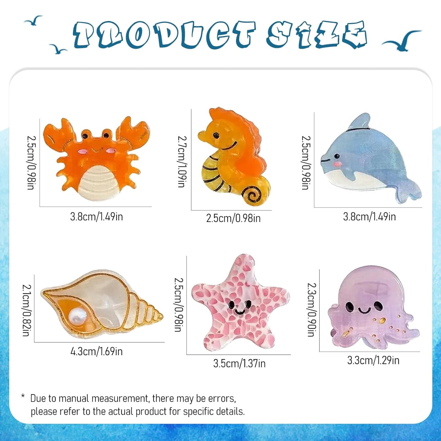 6 Pcs Ocean Animal Hair Claw Clips for Women, Octopus, Whale, Crab, Conch, Dolphin, Seahorse, Starfish Hair Clips, Small Hair Claw, Cute Claw Clip, Non-Slip Hair Accessories for Thick and Thin Hair