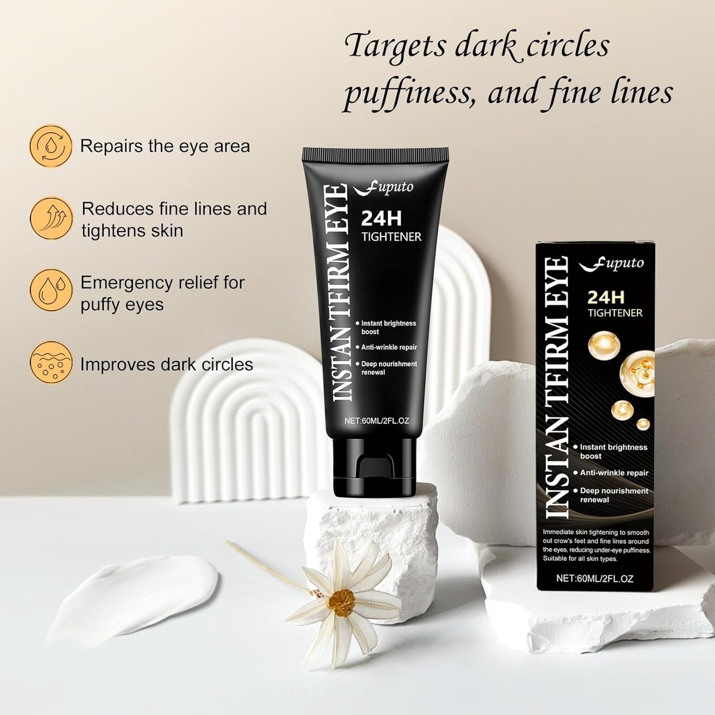 Temporary Instant Eye Tightener Cream – 60 ML Quickly Reduces Dark Circles, Eye Bags, Puffiness and Fine Lines for Anti-Aging and Firming, Provides Rapid Hydration and Locks in Moisture (2 fl. ozz)