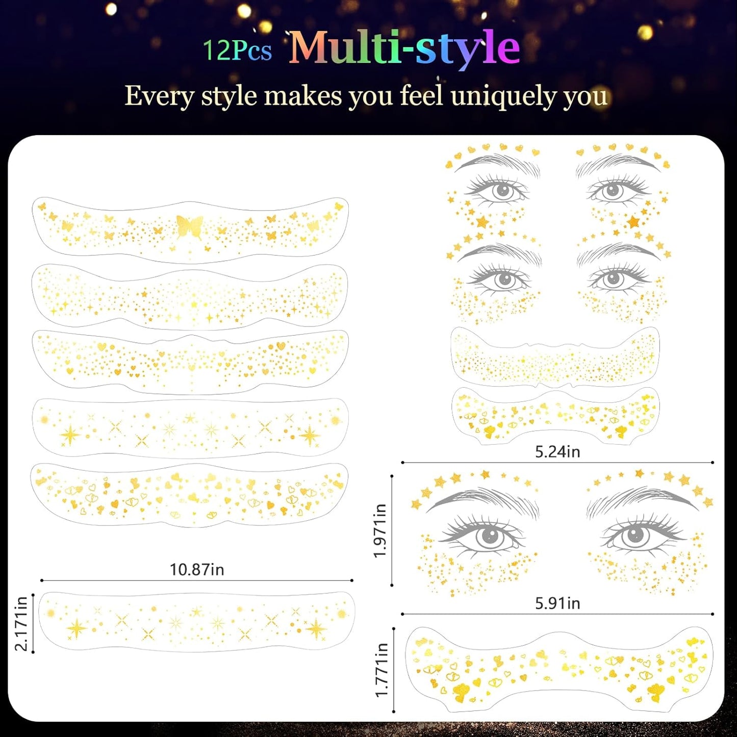 HyperFun 9 Pcs Face Glitter Freckles, Face Clavicle Glitter Fake Freckles Sticker, Waterproof Sparkle Freckles Makeup Patches for Women Rave Festival Accessories Concerts Party Prom