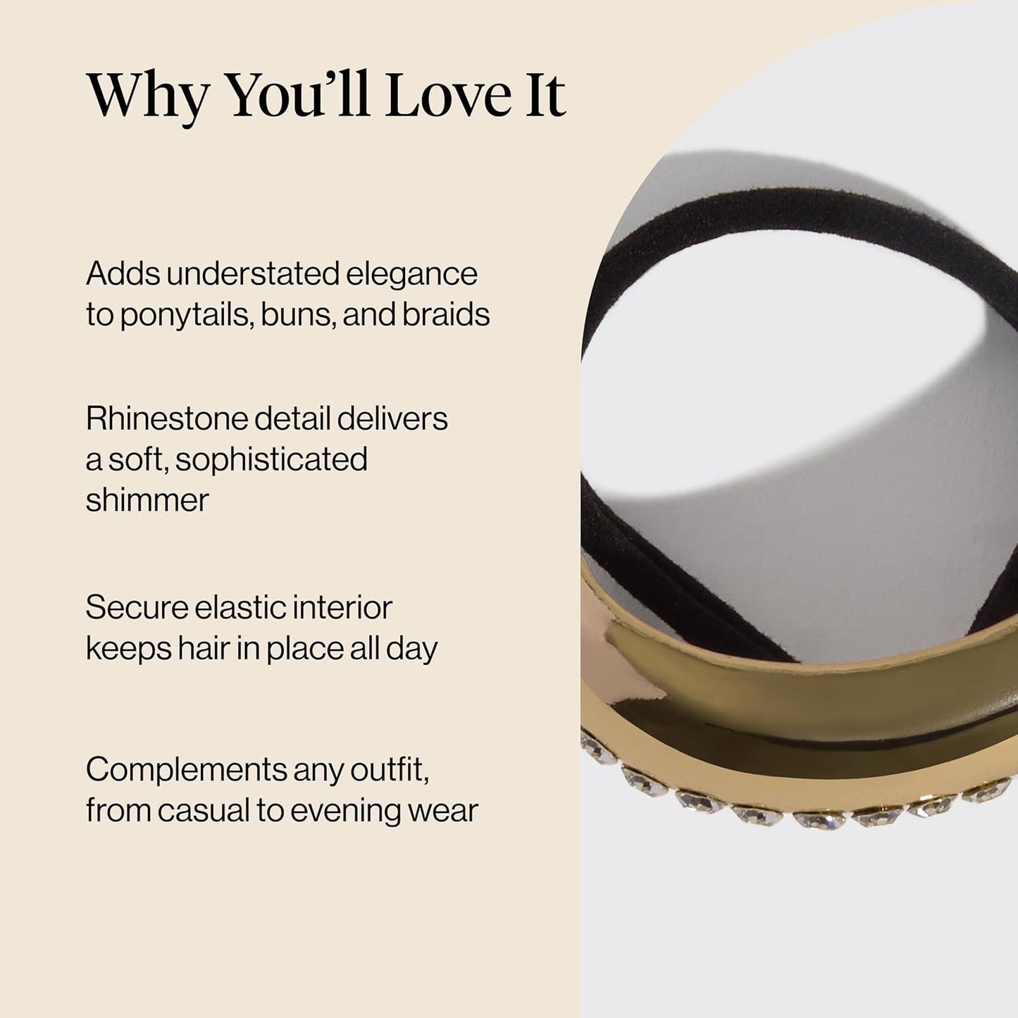 Kitsch Rhinestone Hair Cuff for Women - Gold Hair Accessories for Ponytails, Buns & Braids – Stylish Medium Gold Hair Cuff, No-Show Elastic | Elegant Gifts for Women & Stocking Stuffers - 1pc