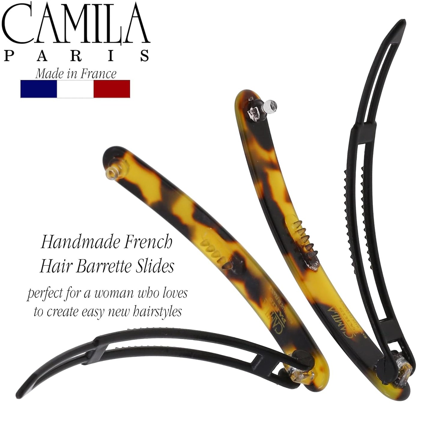 Camila Paris CP3372 French Hair Barrettes Clips for Women, Handmade, Girls Side Slide-in Barrette Clip, Hair Accessories for Women. Strong Hold No Slip Grip Fashion Durable Styling, Made in France