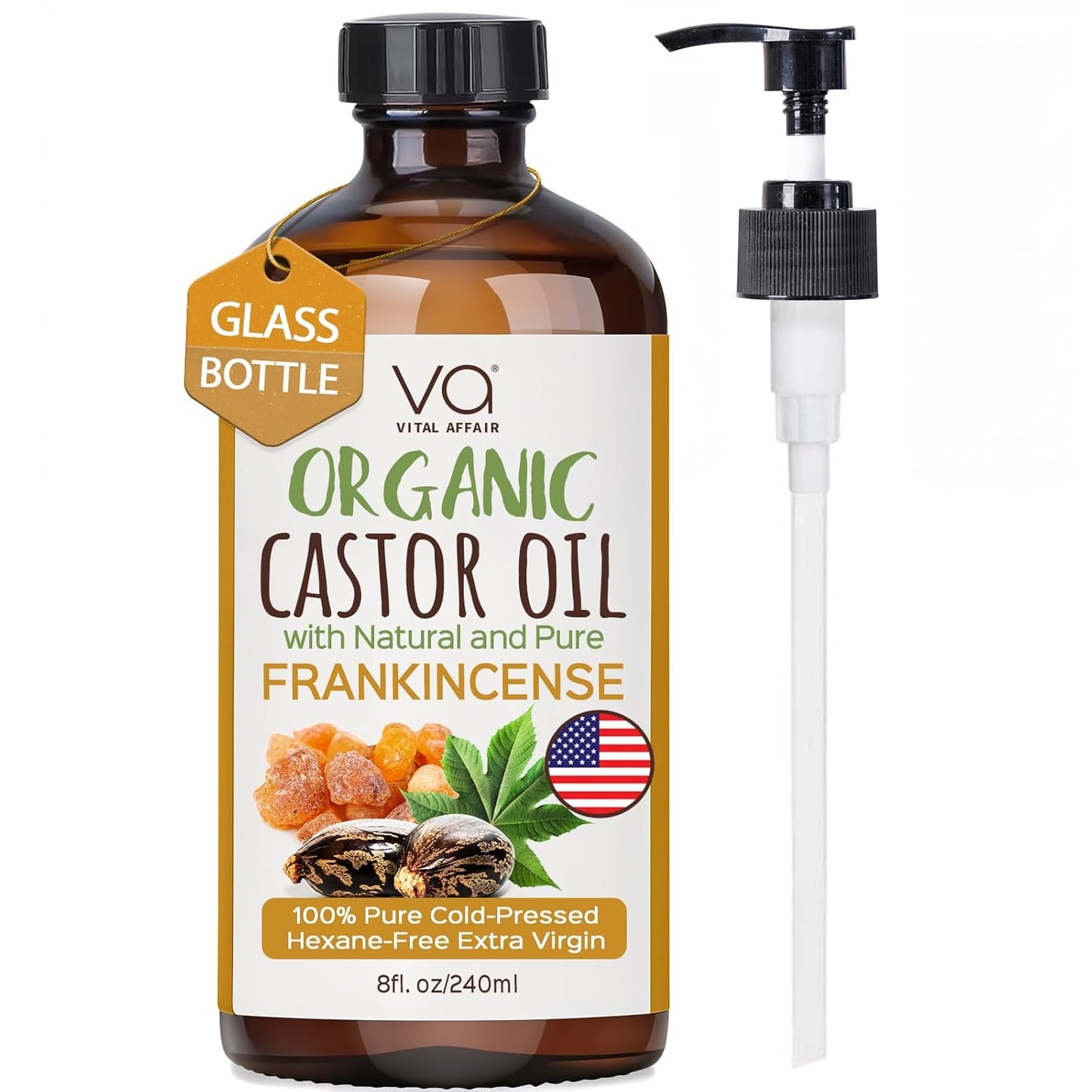 VITAL AFFAIR Organic Castor & Frankincense Oil Blend - 100% Pure and Natural, Cold Pressed, Unrefined Glass Bottle Castor and Frankincense Oil For Face & Hair Growth - 8oz