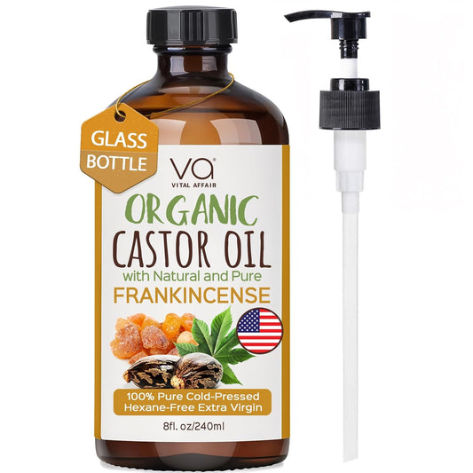 VITAL AFFAIR Organic Castor & Frankincense Oil Blend - 100% Pure and Natural, Cold Pressed, Unrefined Glass Bottle Castor and Frankincense Oil For Face & Hair Growth - 8oz