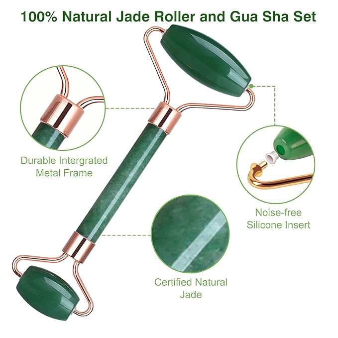 Jade Roller and Gua Sha Set, Facial Skin Care Roller is to Reduce Puffiness and Fine Lines, Massage Tools for Face, Eyes, Neck, Body Muscle Relaxing, with Mask Brush(Green)