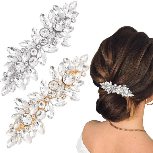 ANCIRS 2 Pcs Rhinestone Hair Clips, Crystal Hair Clip for Wedding, Silver Wedding Hair Pins, Sparkly French Hair Barrettes for Bridal Brides Women Thick Long Hair (Gold+Silver)