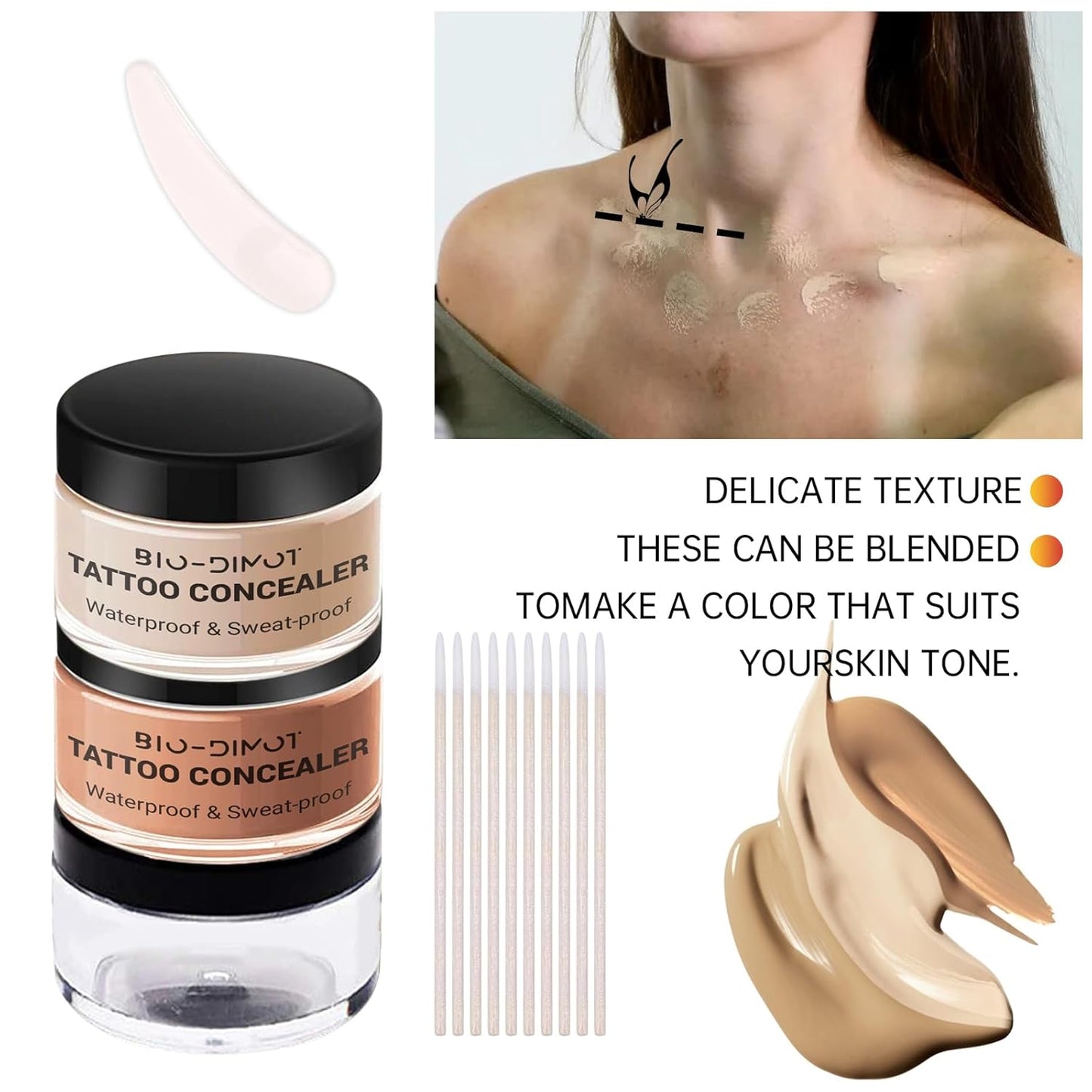 BIO-DIMOT Tattoo Cover Up, 2 Colors Waterproof & Sweatproof Tattoo Cover Up Makeup, Invisible & Natural, Skin-Friendly Body Makeup Suitable for Tattoos, Scars, Spots & Vitiligo (1PCS)