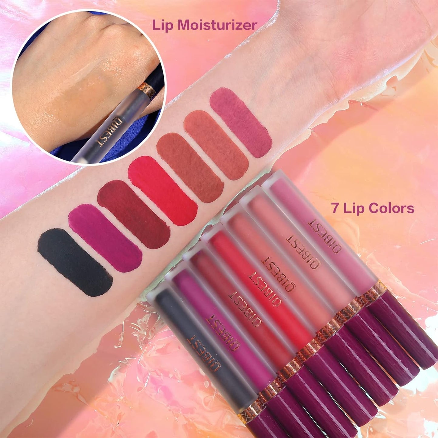 QiBest 7Pcs Matte Liquid Lipstick wiith 1Pc Lip Plumper Makeup Set, Dark Black Purple Lipstick Goth Halloween Lip Set Waterproof Lip Gloss Kit Pigmented Long Lasting Lipstick Makeup for Women & Girls