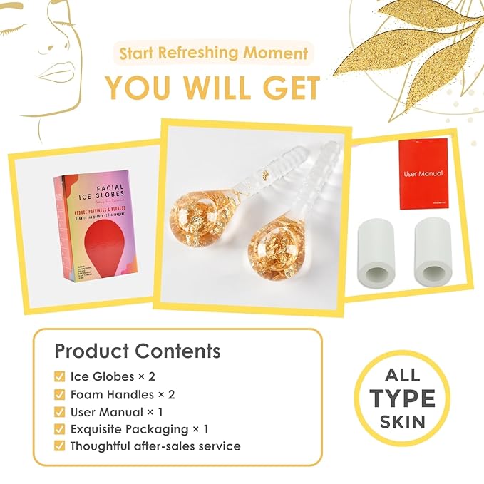 Facial Ice Globes, Cryo Cooling Massage Tool for Face, Eyes & Neck, Reduces Puffiness, Dark Circles, Fine Lines & Wrinkles, Tightens Pores, Refreshing Skincare Gift for Women & Girls, Gold