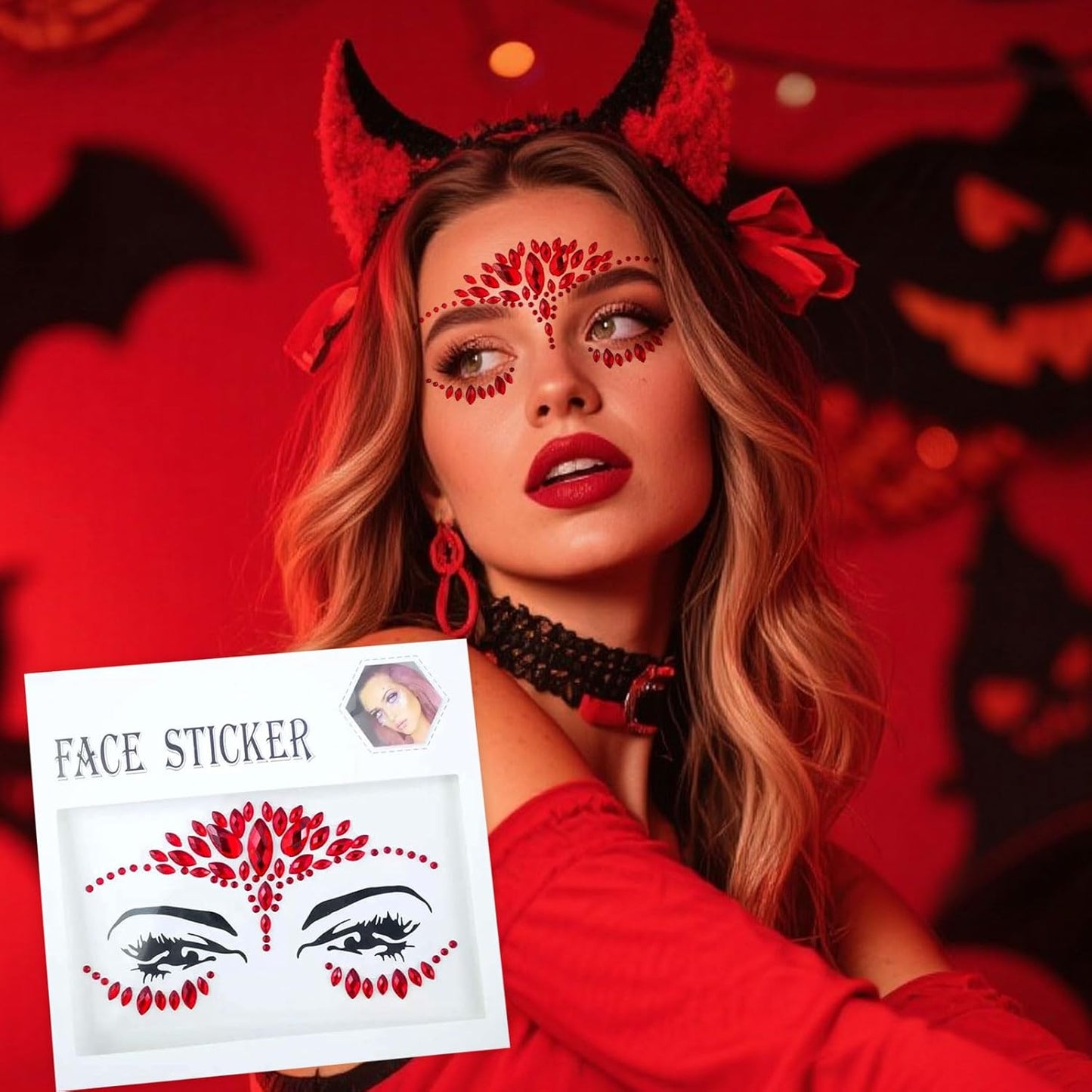 2-Pack Halloween Face Tattoo Stickers - Black & Red Rhinestone Face Gems for Costume Makeup, Body & Eye Decoration, Festival, Concerts, Cosplay & Party Supplies (Self-Adhesive, Easy to Apply & Remove)