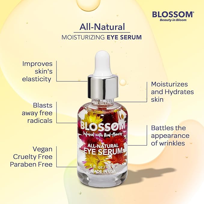Blossom All Natural Eye Serum with Essential Oils, Organic Cruelty Free Moisturizing, Infused with Real Flowers, Made in USA, 0.5 fl. oz., Summer Breeze