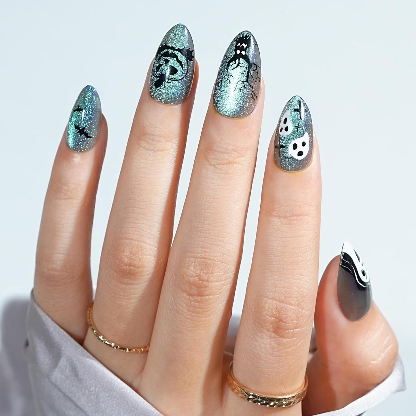 Halloween Press On Nails Short Almond - Haunted Harvest, Green Cat Eye Halloween Nails, Acrylic Square Halloween Fake Nails with Nail Glue, Stick On Nails in 16 Sizes - 32 PCS Soft Gel Kit