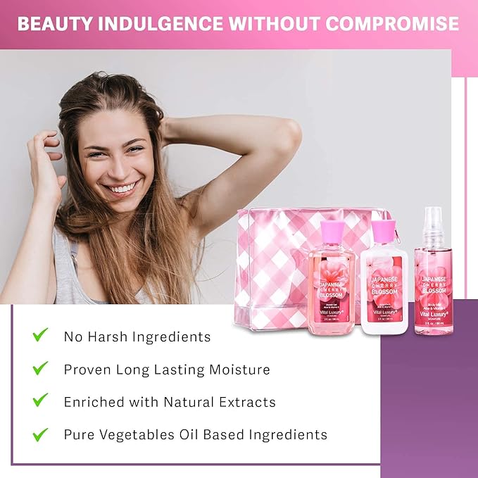 Bath & Body Care Travel Set - Home Spa Set with Body Lotion, Shower Gel and Fragrance Mist, Personal Body Care Travel Set for Birthday Christmas New Year Gifts(Japanese Cherry Blossom)