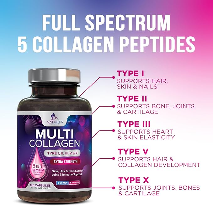Collagen Peptides for Women & Men - Type I, II, III, V, X Multi Collagen Pills, Hydrolyzed Collagen Peptides Supplements, Nature's Hair, Skin, Nail, and Joint Support Supplement, Non-GMO, 120 Capsules