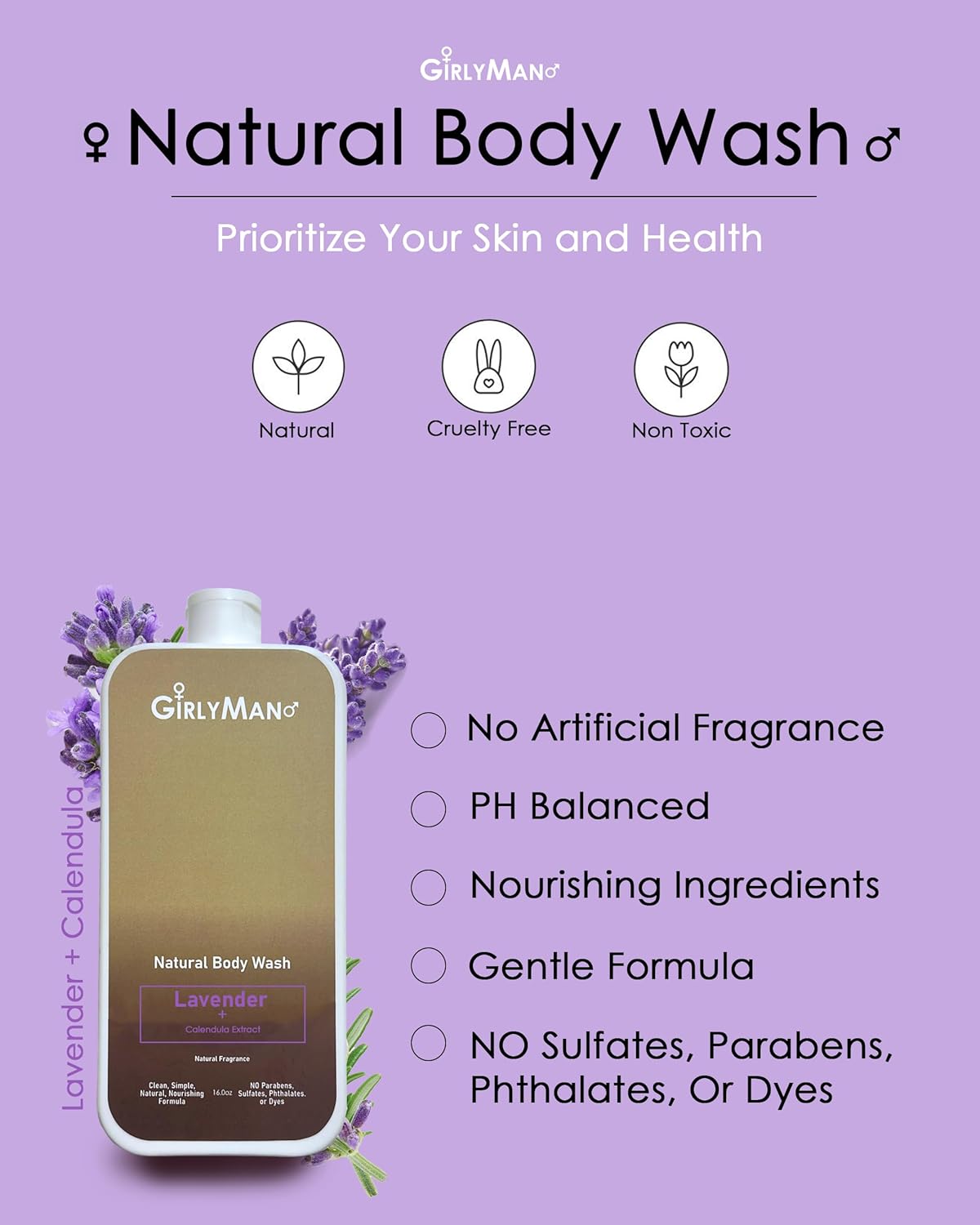 GirlyMan Natural Body Wash - Made with Olive Oil & Aloe Extract, No Artificial Fragrance, PH Balanced, Gentle Formula, Nourishing Ingredients, Family Owned (Lavender)