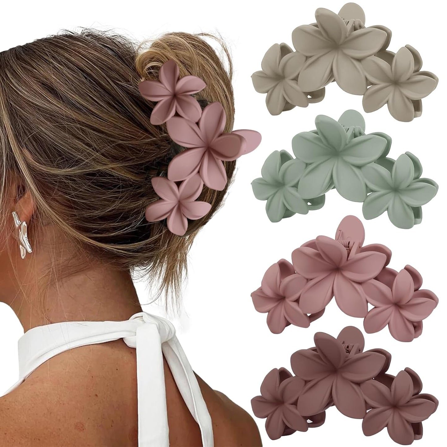 Hawaiian Plumeria Flower Hair Clips for Women Large Matte Claw Clips for Girls Non Slip Claw Clips for Thick Hair Strong Hold Beach Hair Accessories 4 PCS