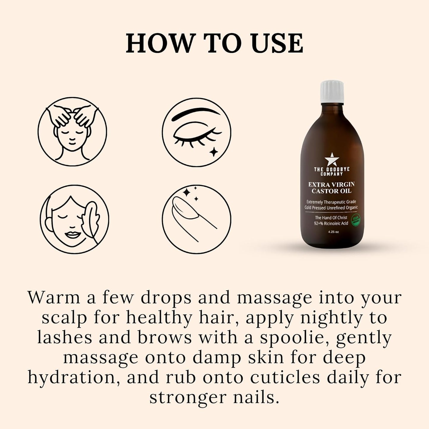 The Goodbye Company Organic Castor Oil – 4.25oz – 100% Pure, Cold-Pressed & Unrefined – Hexane-Free – Nourishing Oil for Healthy Skin, Hair Growth & Eyelashes (120mL)