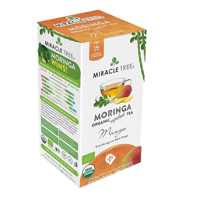 Miracle Tree - 6 Count of Organic Moringa Superfood Tea, 25 Individually Sealed Tea Bags, Mango (Keto, Detox, Energy/Immunity Booster, Vegan, Gluten-Free, Organic, Non-GMO, Caffeine-Free)