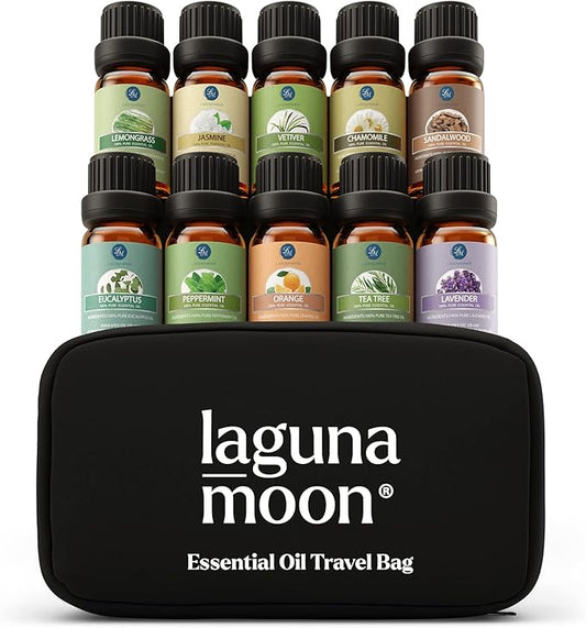 Essential Oils Set - 10pc Aromatherapy Oil in Portable Bag - Diffusers, Humidifiers, Yoga, DIY Cleaning Products, Candle Making, Soaps - Peppermint, Tea Tree, Lavender, Eucalyptus, Lemongrass (10mL)