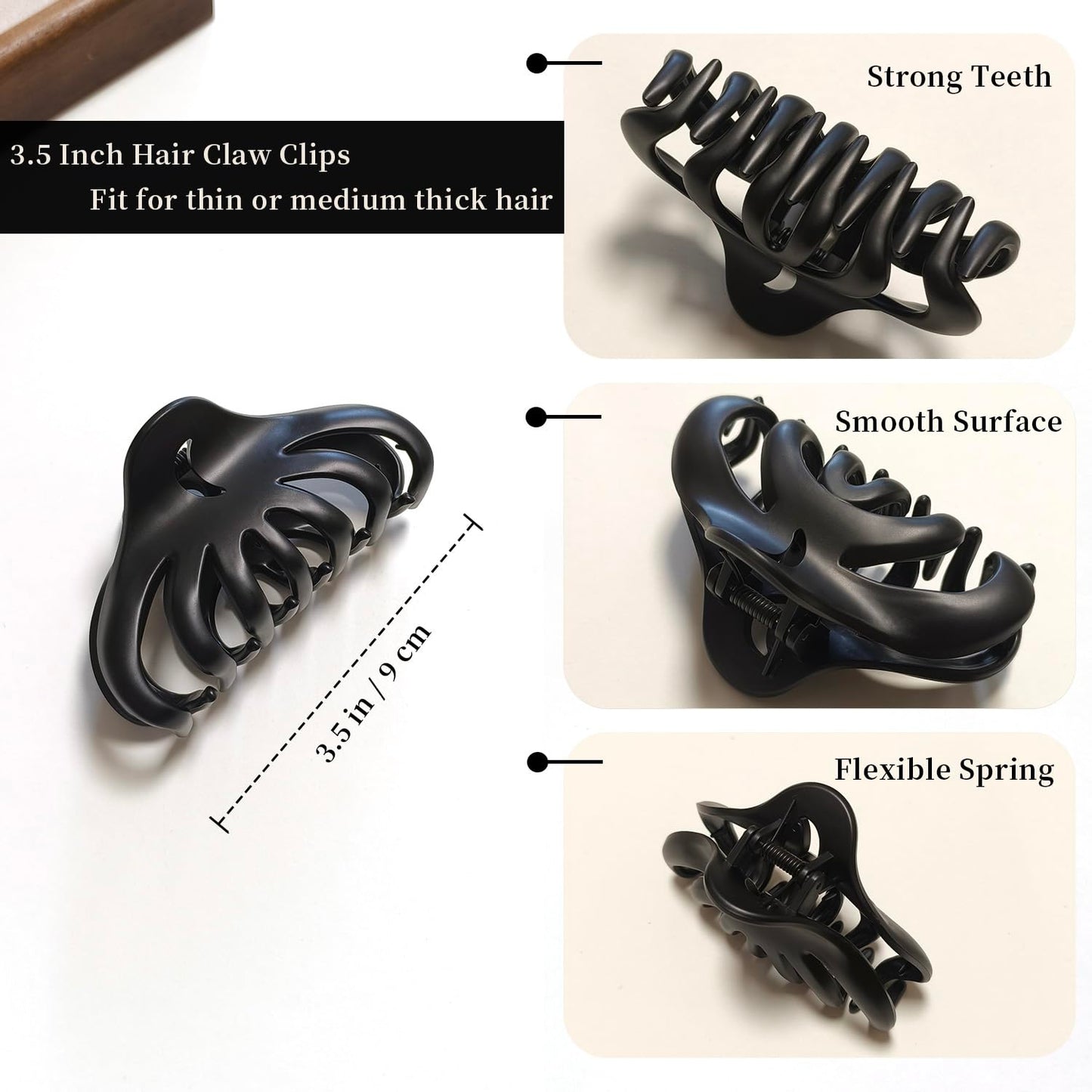 3.5 Inch Hair Claw Clips, Unbreakable No Slip Matte Claw Clip for Women's Thin & Medium Thick Fine Hair, 3 Pack