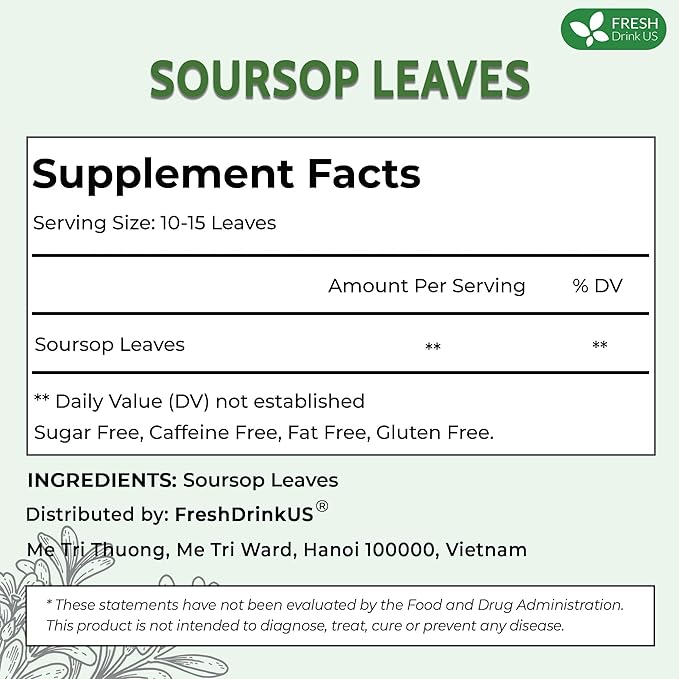 FreshDrinkUS, 55+ Premium Soursop Graviola Dried Leaves, 55-60 Natural Whole Leaves, Wildcrafted, Graviola, Hoja Guanabana, Soursop Loose Leaf Herbal Tea, No Gluten, Vegan