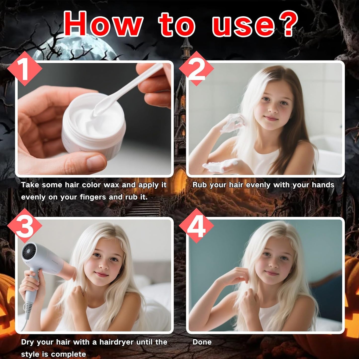 White Temporary Hair Color Dye for Adults Kids,Washable Halloween Temporary Hair Dye for Frankenstein Cosplay,Instant DIY Hair Coloring Gel Cream for Makeup Carnival Birthday Party