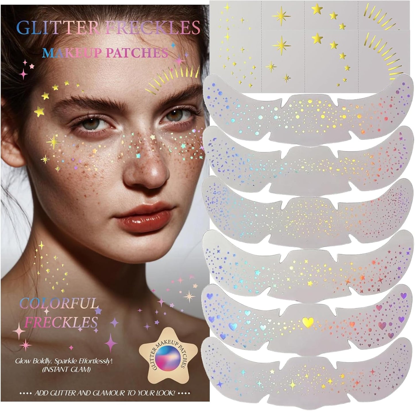 Glitter Freckles, Holographic Face and Body Glitter Tattoo Sparkle for Women Gold Glow Cosmetic Star Makeup Accessories for Festival Rave (Holographic&Gold)
