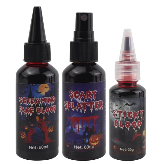 Fake Blood SFX Makeup Kit – 3 Pack Special Effects Halloween Blood Set [1.06oz Coagulated + 2.03oz Dripping + 2.03oz Spray] – Washable Vampire Blood for Face, Body, Clothes