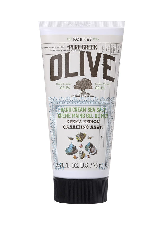 KORRES Olive Hand Cream, Sea Salt, Nourishing and Hydrating Moisturizer with Greek Olive Oil and Antioxidants, For Soft Smooth Skin and Dry Hands, Vegan Skin Care for Women & Men, 2.54 Fl Oz