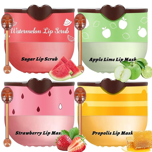 Lip Therapy Set - Lip Scrub & Lip Mask, Overnight Treatment Lip Care Kits with - Exfoliate, Condition, Hydrate and Soothe, Exfoliator & Moisturize Natural Two Step Treatment(4PCS)