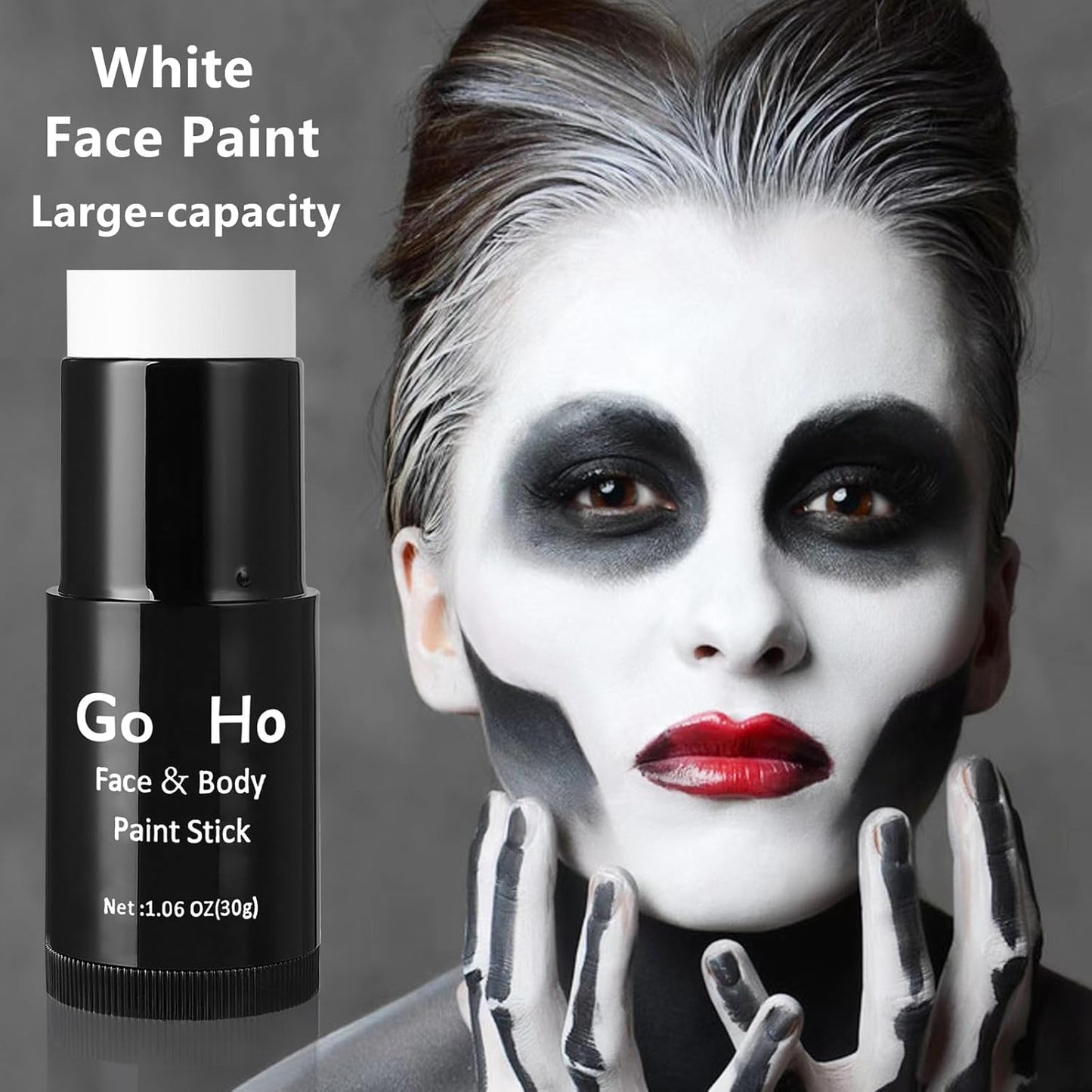 Go Ho Cream-Blendable Clown White Face Paint Stick,Full-coverage Waterproof Face Body Paint for Halloween Cosplay Jokester Zombie Vampire Skeleton Clown SFX Makeup,White Eye Black Stick