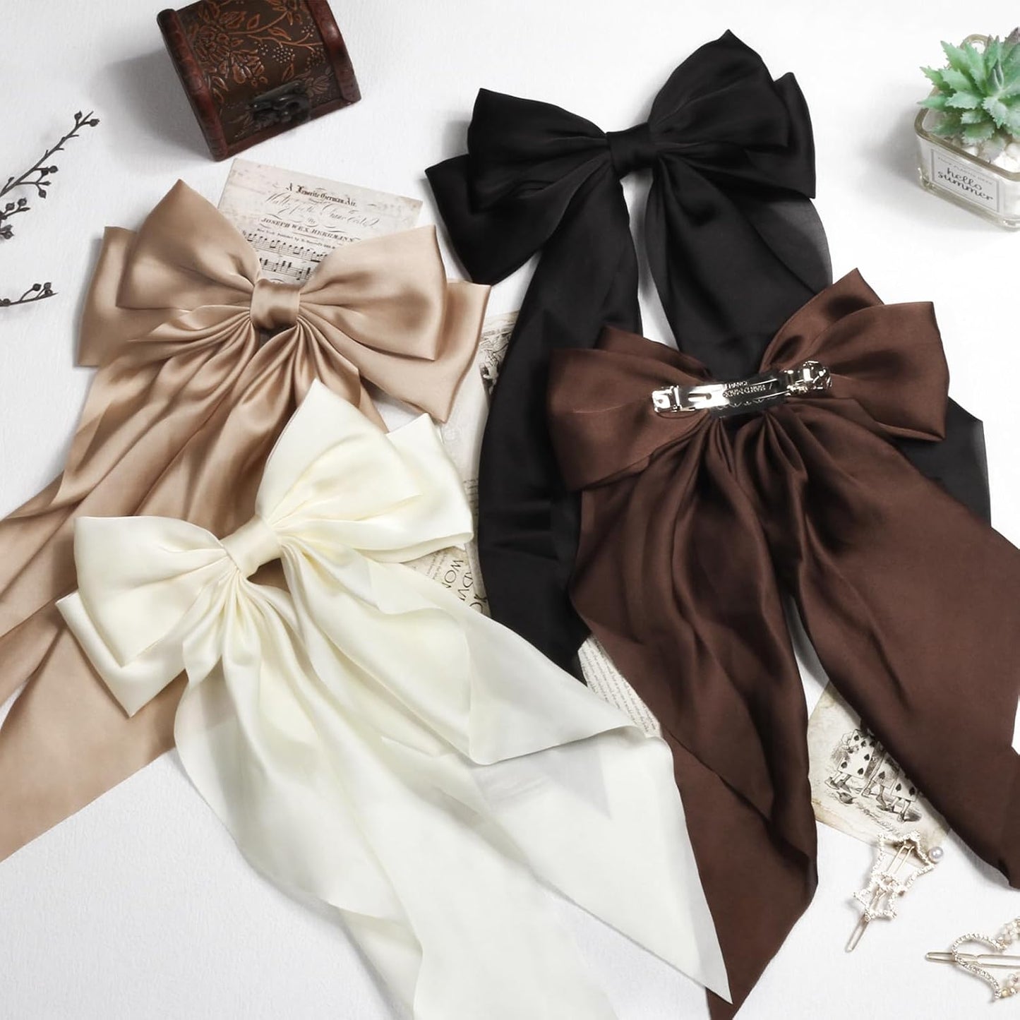 Silky Satin Hair Bows for Women Girls - 4PCS Ribbon Bows for Hair, Big Bow Hair Clips with Long Tail, Barrettes - Cute Hair Accessories Gifts (Black, Brown, Khaki, Beige)