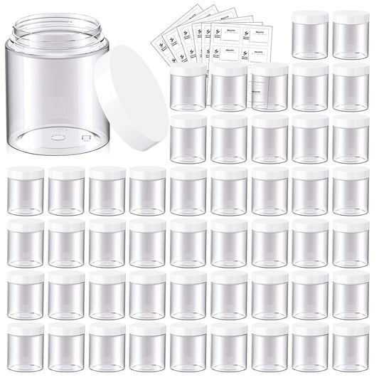 48 Pack 8 OZ Plastic Jars Round Clear Cosmetic Container Jars with White Lids, Eternal Moment Plastic Slime Jars for Lotion, Cream, Ointments, Makeup, Eyeshadow, Rhinestone, Samples, Travel Storage