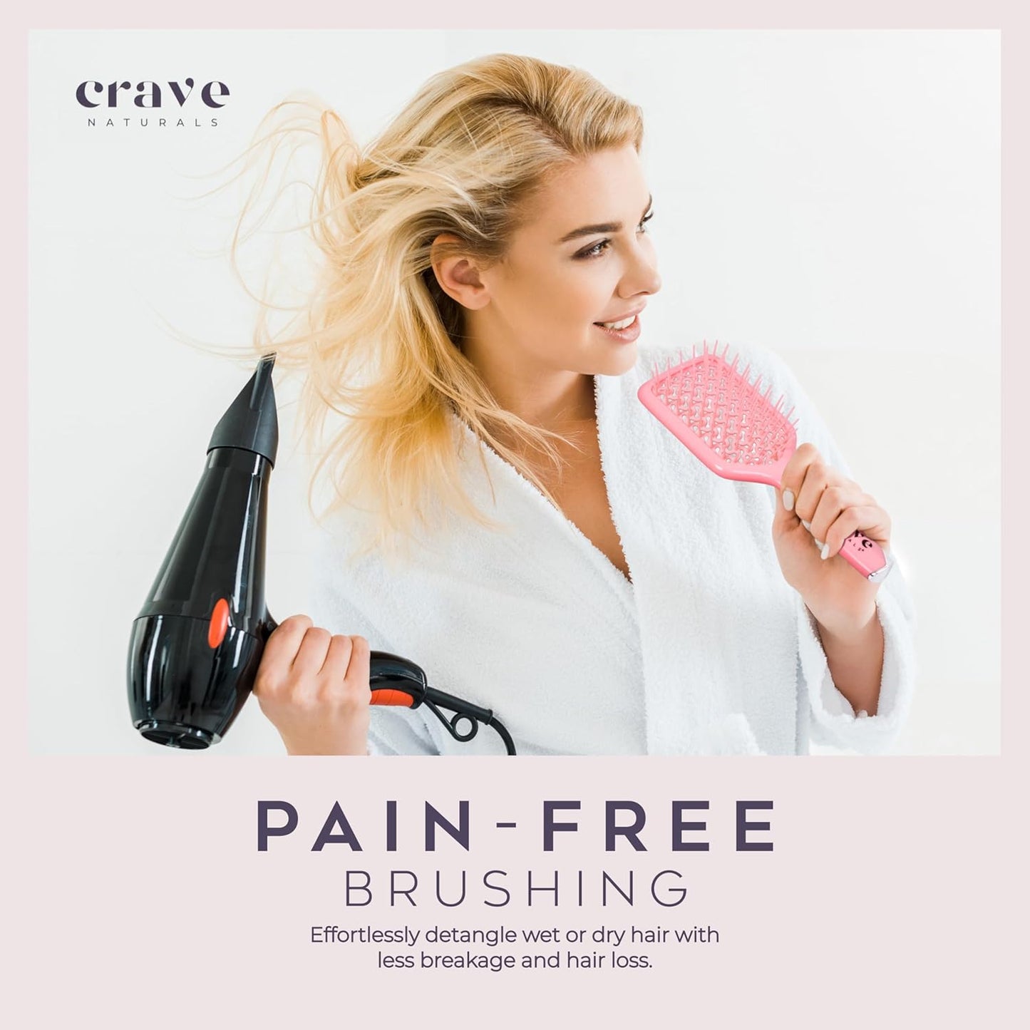 Crave Naturals Detangling Hair Brush - Vented Cushion Curly Hair Brush with Gentle Bristles for Wet or Dry Hair - Lightweight Wet Brush for Adults, Kids, and All Hair Types - 8.9x3.2x1.4-Inch (Pink)