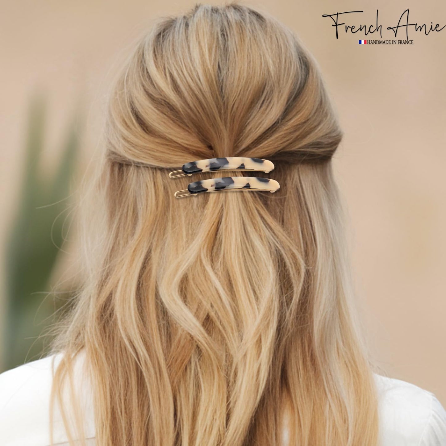 French Amie Rounded Oblong Small 2.5" Cellulose Set of 2 French Hair Clips Tige Boule Handmade Girls Side Slide-in Hair Barrette Clip (White Tokyo)